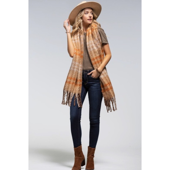 Toffee Plaid Soft Plush Oblong Scarf w/ Tassel Fringe Women's Casual - Picture 7 of 7